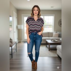 Nue Options PXL Chevron Mixed Media Vneck Blouse Black,Pink,White